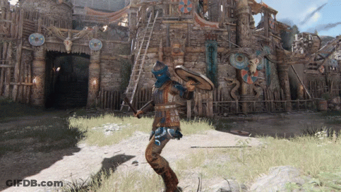 A Video Game Character Is Holding A Shield And A Sword GIF