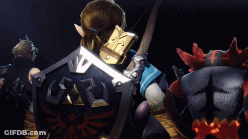 A Video Game Character Is Holding A Shield With A Triangle On It GIF