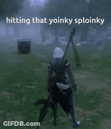 A Video Game Character Is Holding A Spear And Says Hitting That Yoinky Sploinky GIF