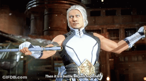 A Video Game Character Is Holding A Stick And Saying Then It Is A Battle We Join Together GIF