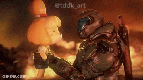 A Video Game Character Is Holding A Stuffed Animal While Standing Next To A Doom Slayer . GIF