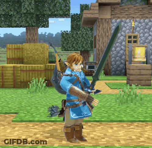 A Video Game Character Is Holding A Sword And A Bow GIF
