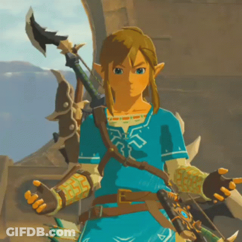 A Video Game Character Is Holding A Sword And A Bow GIF