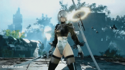 A Video Game Character Is Holding A Sword And A Shield GIF