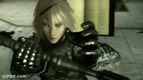 A Video Game Character Is Holding A Sword And Looking At The Camera GIF