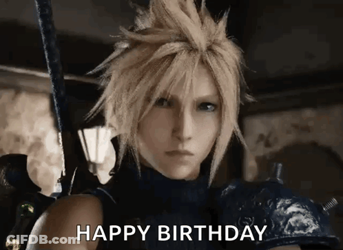 A Video Game Character Is Holding A Sword And Says `` Happy Birthday '' . GIF