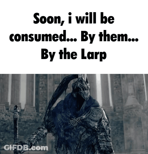 A Video Game Character Is Holding A Sword And Says " Soon I Will Be Consumed By Them By The Larp " GIF