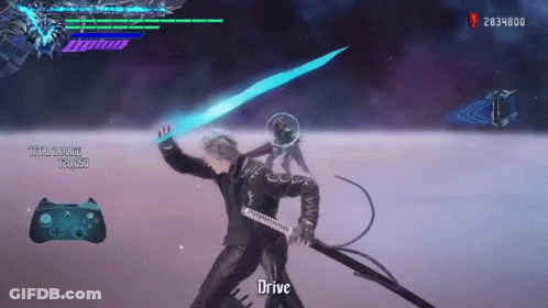 A Video Game Character Is Holding A Sword And The Word Drive Is On The Bottom GIF