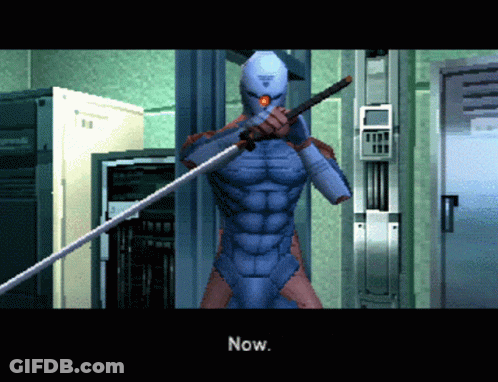 A Video Game Character Is Holding A Sword And The Word Now Is On The Screen GIF