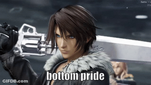 A Video Game Character Is Holding A Sword And The Words " Bottom Pride " Are Above Him GIF