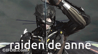 A Video Game Character Is Holding A Sword And The Words Raiden De Anne Are Below Him GIF