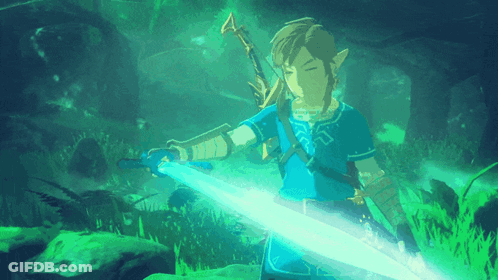 A Video Game Character Is Holding A Sword In A Dark Forest GIF