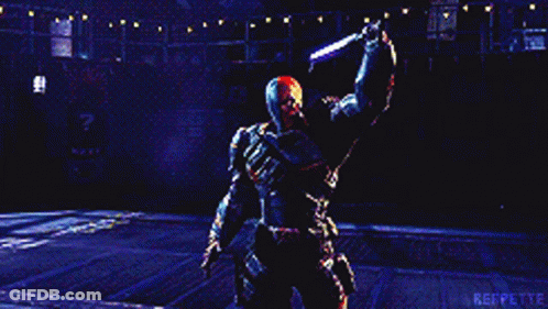 A Video Game Character Is Holding A Sword In A Dark Room And The Word Reppette Is On The Bottom GIF