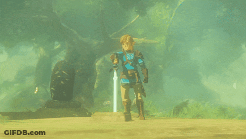 A Video Game Character Is Holding A Sword In A Foggy Forest GIF