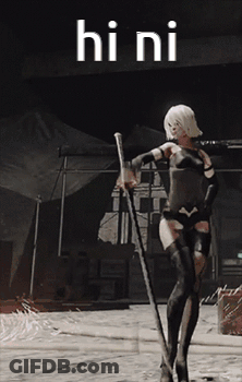 A Video Game Character Is Holding A Sword In Front Of A Sign That Says " Hini " GIF