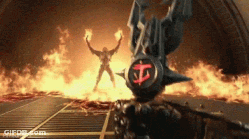 A Video Game Character Is Holding A Sword In Front Of A Statue Of A Demon . GIF