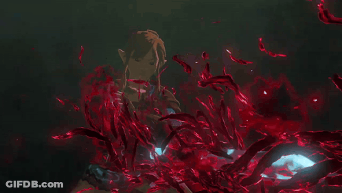 A Video Game Character Is Holding A Sword That Is Glowing Blue And Red GIF