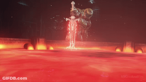 A Video Game Character Is Holding A Sword That Is Glowing GIF