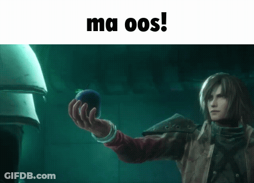 A Video Game Character Is Holding Something In His Hand With The Words Ma Oos Written On The Bottom GIF
