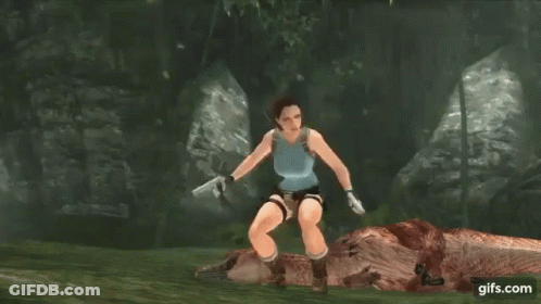 A Video Game Character Is Holding Two Guns In Front Of A Dinosaur GIF