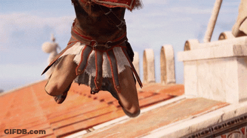 A Video Game Character Is Jumping In The Air While Wearing A Spartan Outfit GIF