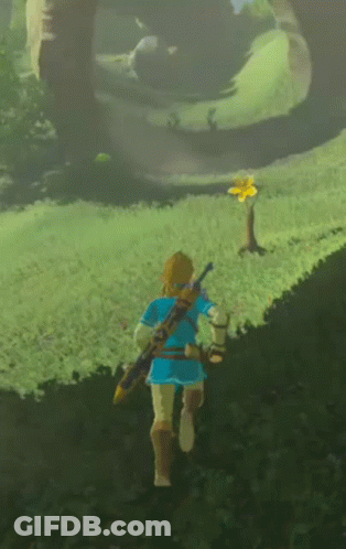 A Video Game Character Is Running In The Grass With A Flower In The Background GIF