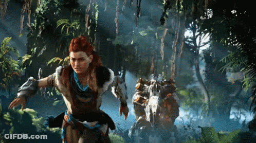 A Video Game Character Is Running Through A Forest With A Robot Behind Her . GIF