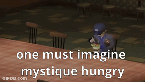 A Video Game Character Is Sitting At A Table With The Words One Must Imagine Mystique Hungry Below Him GIF