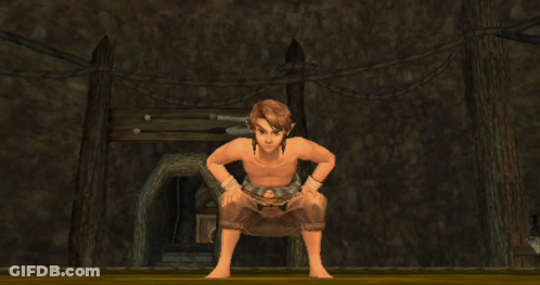 A Video Game Character Is Squatting Down In A Cave GIF