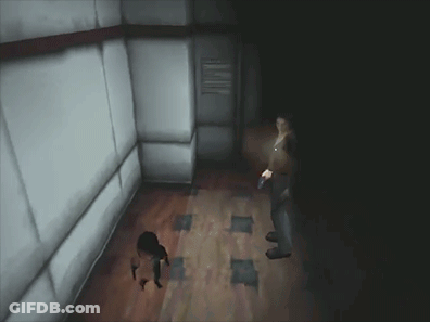 A Video Game Character Is Standing In A Dark Hallway GIF
