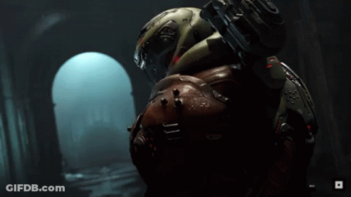 A Video Game Character Is Standing In A Dark Hallway With An Arrow Pointing To The Right GIF