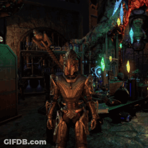 A Video Game Character Is Standing In A Dark Room With Red Lights GIF