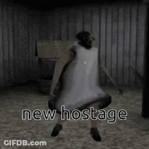 A Video Game Character Is Standing In A Dark Room With The Words New Hostage Below Him GIF