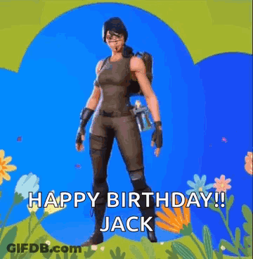 A Video Game Character Is Standing In A Field Of Flowers And Holding A Gun . GIF