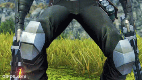 A Video Game Character Is Standing In A Field With A Gun GIF