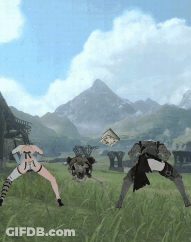 A Video Game Character Is Standing In A Field With A Mountain In The Background GIF