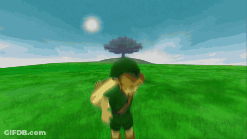 A Video Game Character Is Standing In A Grassy Field With A Tree In The Background GIF