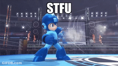 A Video Game Character Is Standing In A Ring With The Words Stfu Above Him GIF