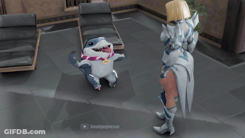 A Video Game Character Is Standing In A Room With A Play Button On The Bottom GIF
