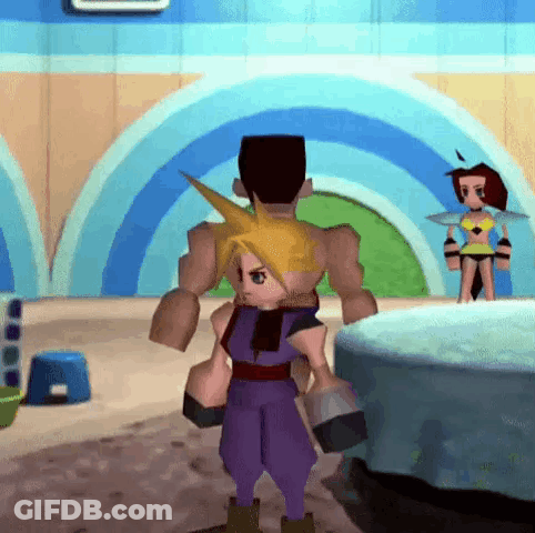 A Video Game Character Is Standing In A Room With A Woman Behind Him GIF