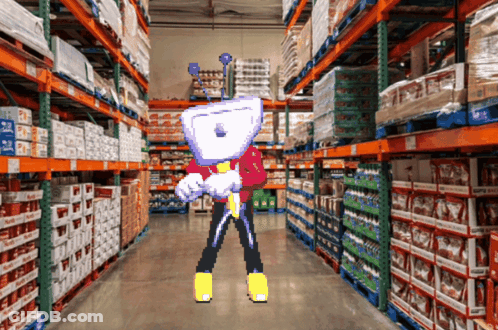 A Video Game Character Is Standing In A Warehouse Surrounded By Shelves And Boxes With The Word Costco On Them GIF