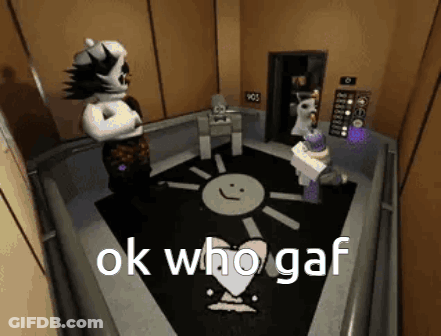 A Video Game Character Is Standing In An Elevator With The Words Ok Who Gaf On The Floor . GIF