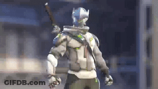 A Video Game Character Is Standing In Front Of A Building Holding A Gun . GIF