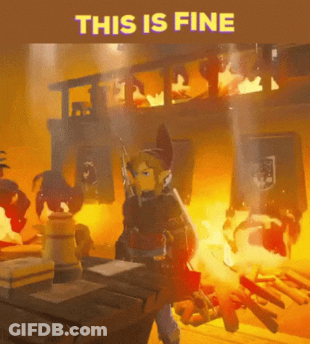 A Video Game Character Is Standing In Front Of A Burning Building With The Words " This Is Fine " Written Above Him GIF