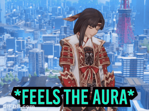 A Video Game Character Is Standing In Front Of A City And A Sign That Says Feels The Aura GIF