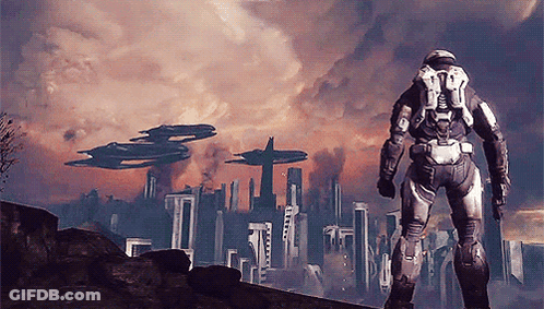 A Video Game Character Is Standing In Front Of A City With Ships Flying In The Sky GIF