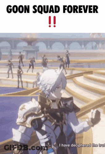 A Video Game Character Is Standing In Front Of A Crowd And Says Goon Squad Forever GIF