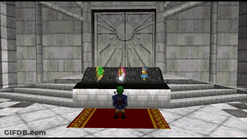 A Video Game Character Is Standing In Front Of A Display Of Various Items GIF