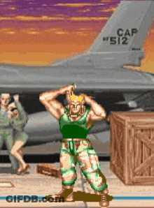 A Video Game Character Is Standing In Front Of A Fighter Jet With The Number 512 On The Tail GIF