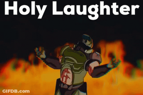 A Video Game Character Is Standing In Front Of A Fire And The Words Holy Laughter Above Him GIF